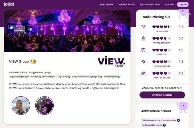 VIEW Group's company profile on Jobbi with two Gobi stories shown as circular video bubbles below the company description